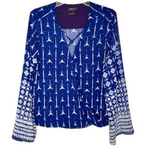 Miss Me Printed Faux Wrap Top Wide Sleeves - Indigo Blue/White - L
